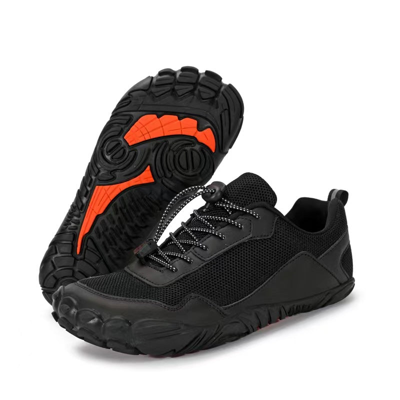 Comfortable orthopedic hiking shoes with wide toe box, promoting foot health and natural fit for trails.