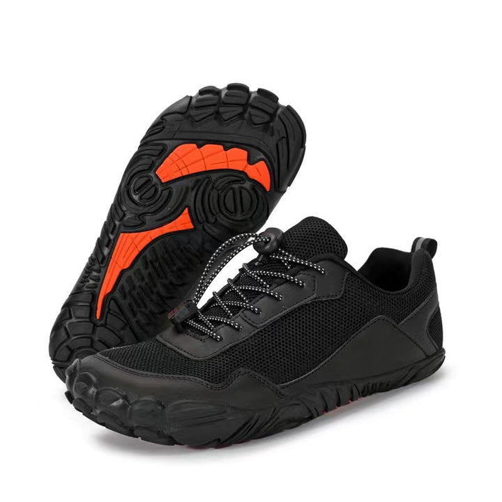 Comfortable orthopedic hiking shoes with wide toe box, promoting foot health and natural fit for trails.