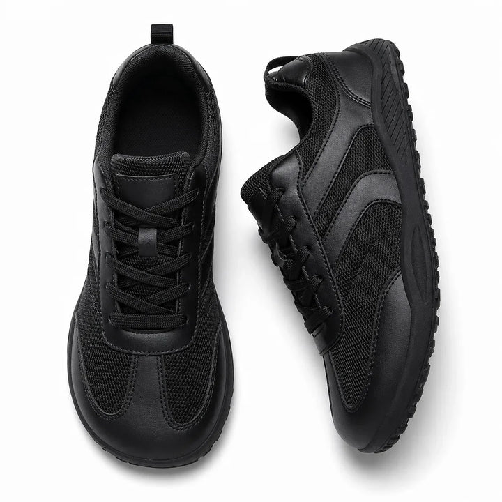 Flexible sole minimalist shoes, wide toe box, non-slip grip, excellent for foot health.