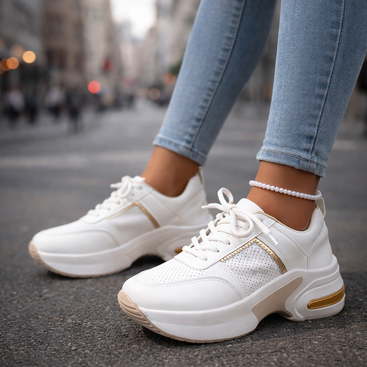 Pair of unisex white athletic motion running shoes, ideal for runners seeking comfort and orthopedic support.