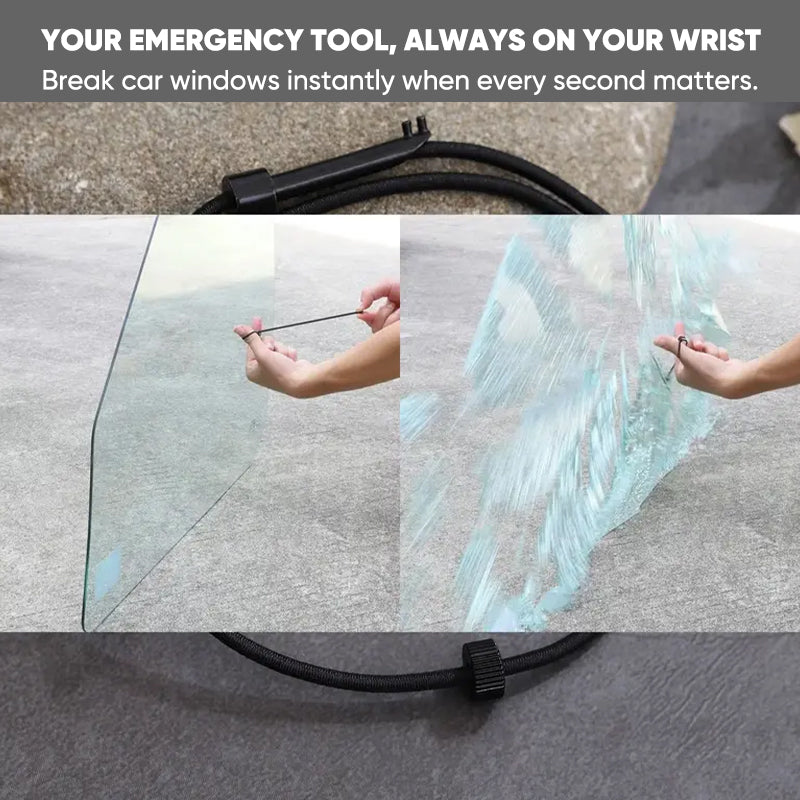 Product shot: Black braided emergency window breaker bracelet, essential car safety tool