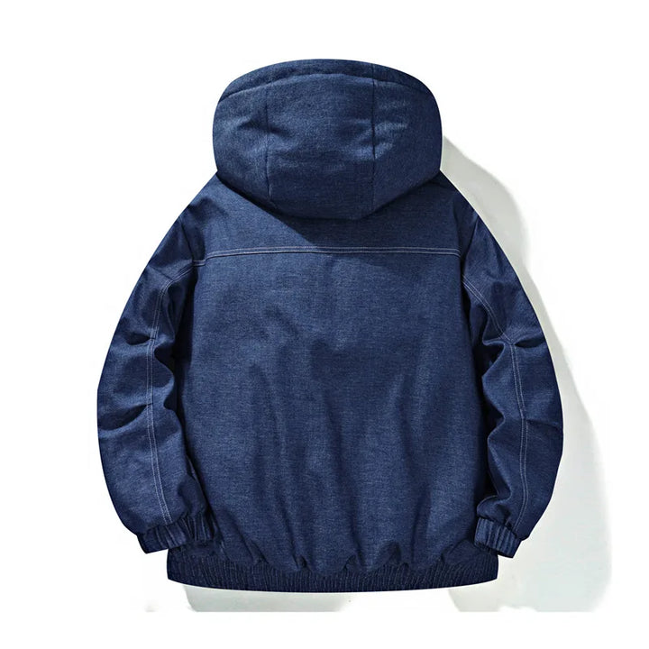 Detail of the hood and drawstring on a fleece-lined unisex jacket, perfect for cold weather.