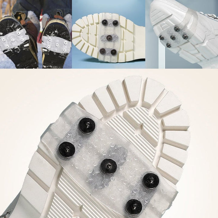 Detail of ice gripper's strap and claw system, secure fit for winter footwear