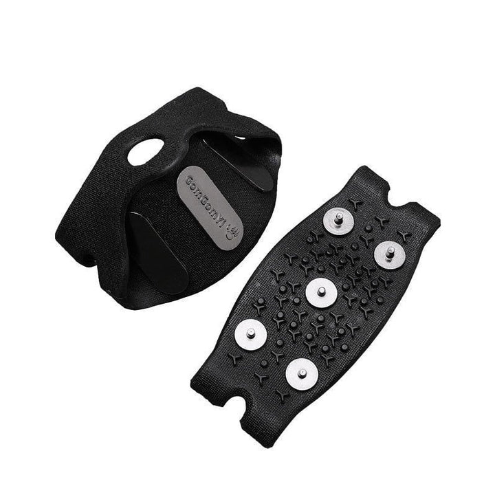 Close-up of flexible TPE frame on ice grippers, adapting to different shoe sizes for winter