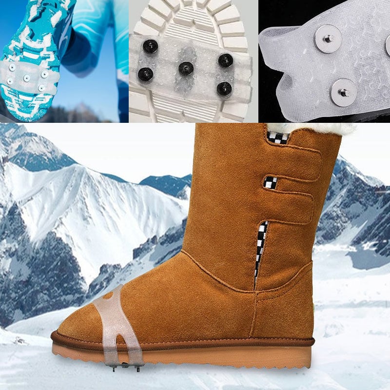 Unisex ice grippers on a snow-covered boot, essential winter traction and safety gear
