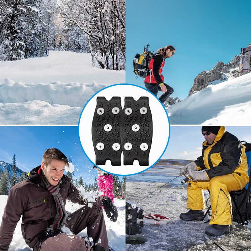 Ice grippers attached to a hiking boot, providing anti-slip protection for outdoor safety