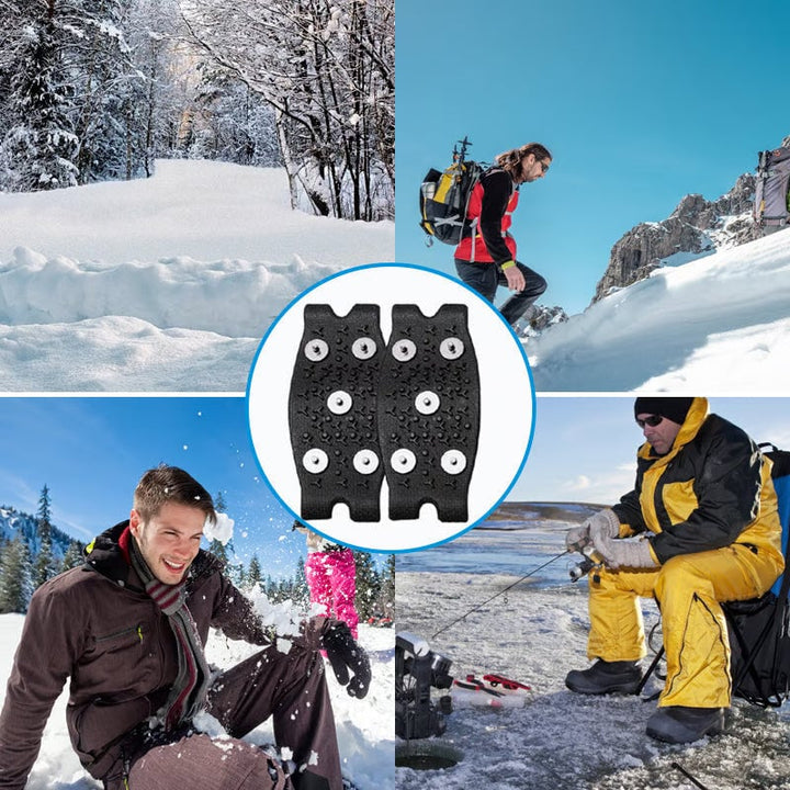 Ice grippers attached to a hiking boot, providing anti-slip protection for outdoor safety