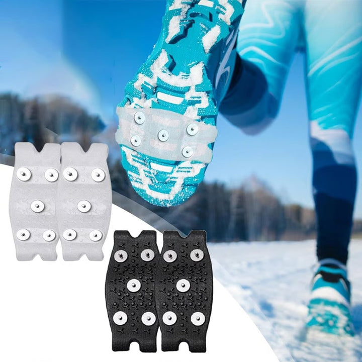 Woman putting on ice grippers over her winter boots, ensuring anti-slip grip