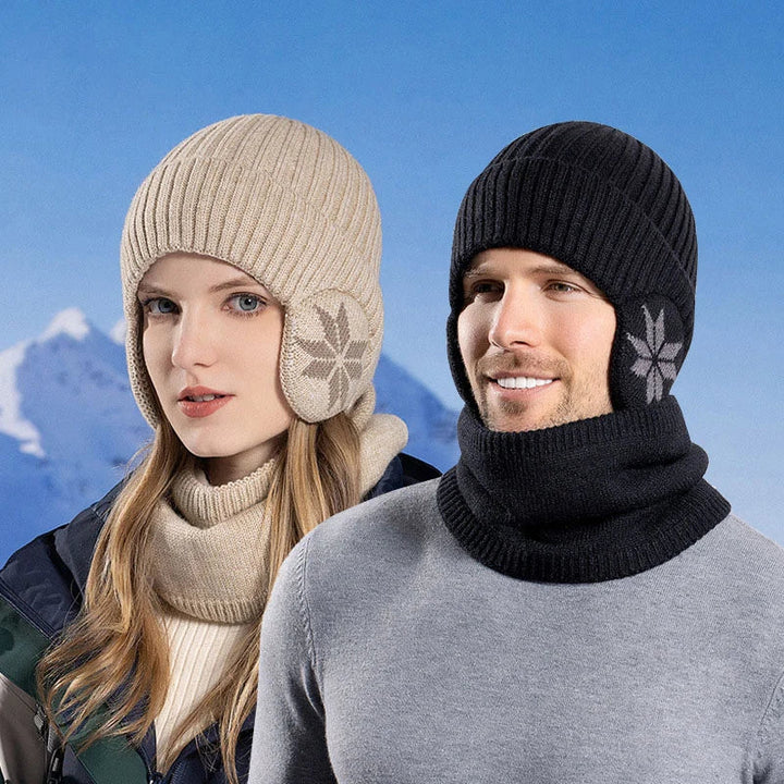 Unisex black knit beanie hat and matching scarf set, fleece lined for winter warmth