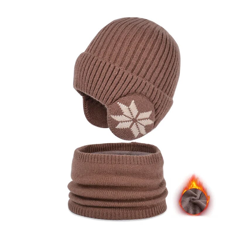 Fleece-lined knit beanie and scarf set in a practical grey, perfect for adults and children