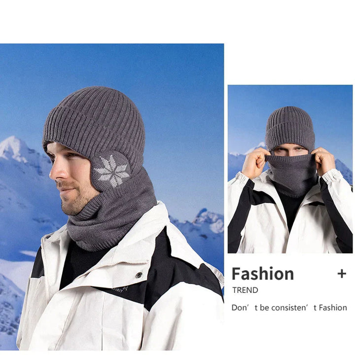 Grey unisex winter knit beanie and scarf set with thermal fleece lining, close-up view