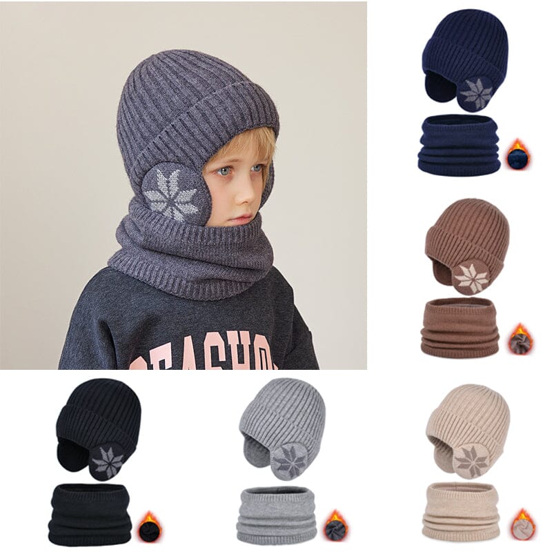 Blue knitted beanie hat and infinity scarf set, fleece-lined for ultimate winter warmth