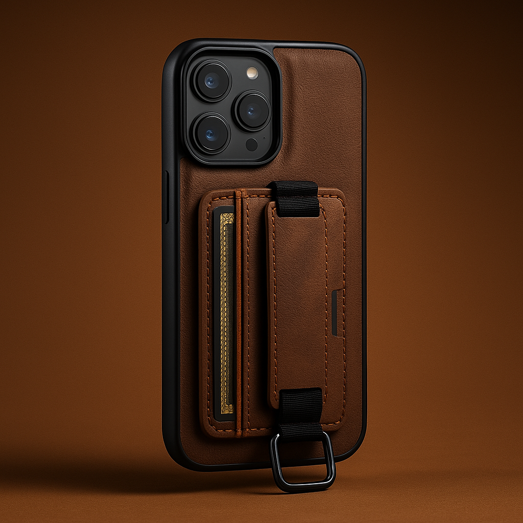Unisex black vegan leather phone case with integrated grip and kickstand for iPhone, protective & stylish