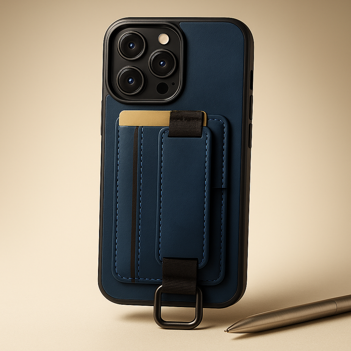 Close-up of vegan leather phone case in brown, showing textured finish, integrated grip strap, and kickstand