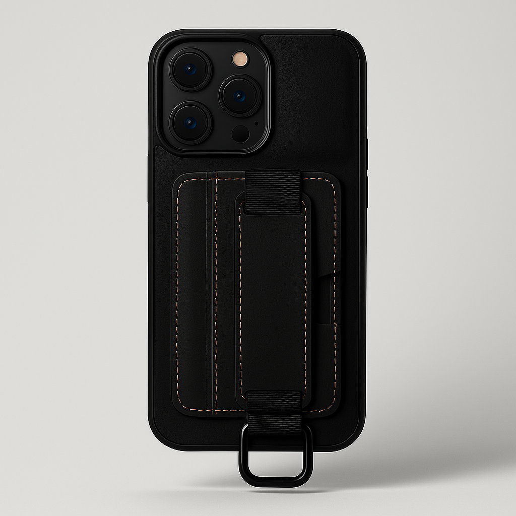 Silver iPhone in a white vegan leather grip case with built-in kickstand, showcasing durability and style
