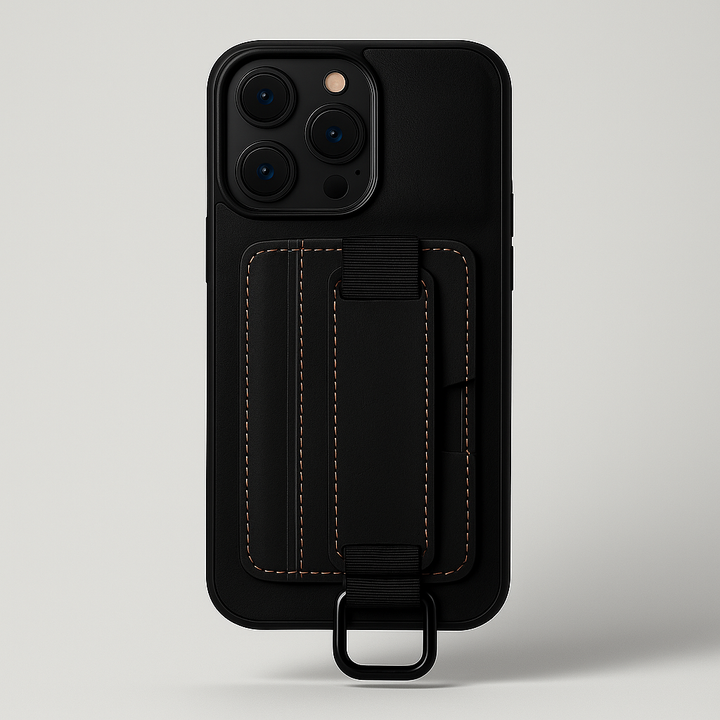 Silver iPhone in a white vegan leather grip case with built-in kickstand, showcasing durability and style