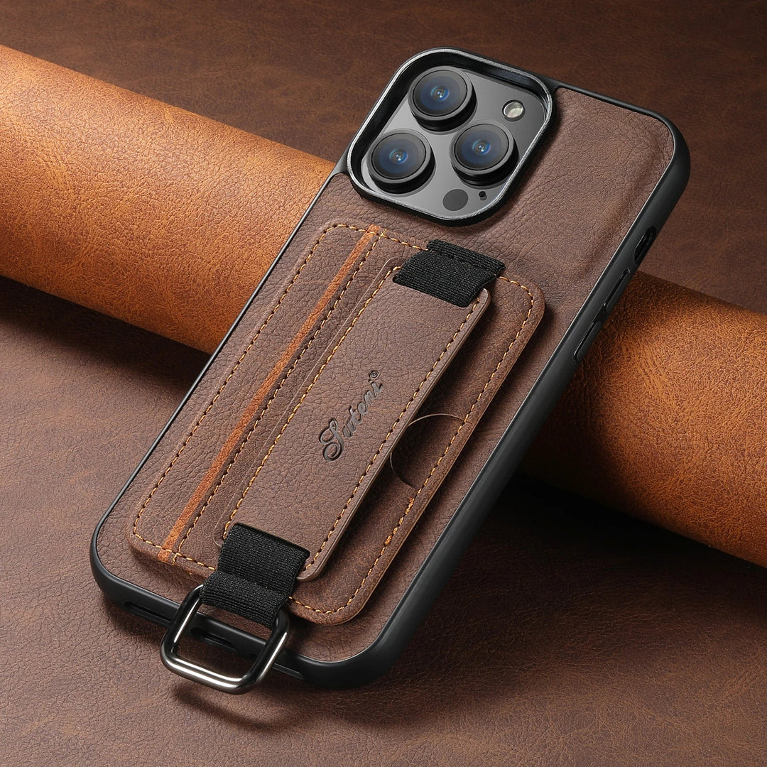 Detailed shot of the multi-functional kickstand on a vegan leather phone case, perfect for hands-free viewing
