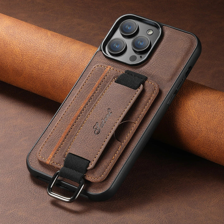 Detailed shot of the multi-functional kickstand on a vegan leather phone case, perfect for hands-free viewing