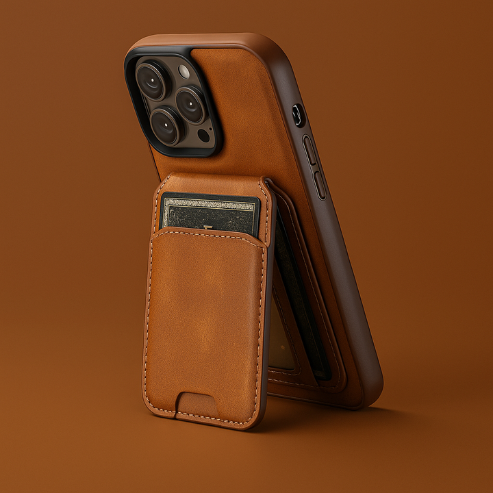 Unisex black vegan leather wallet phone case with MagSafe, showcasing card slots and kickstand feature.