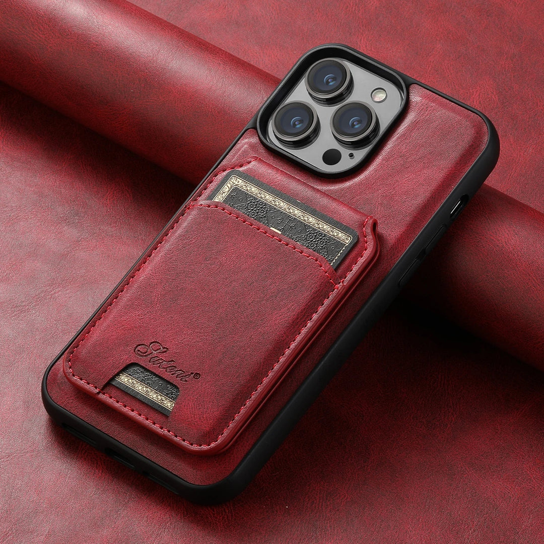 Durable vegan leather MagSafe wallet case for iPhone, protecting phone & carrying cards smartly.