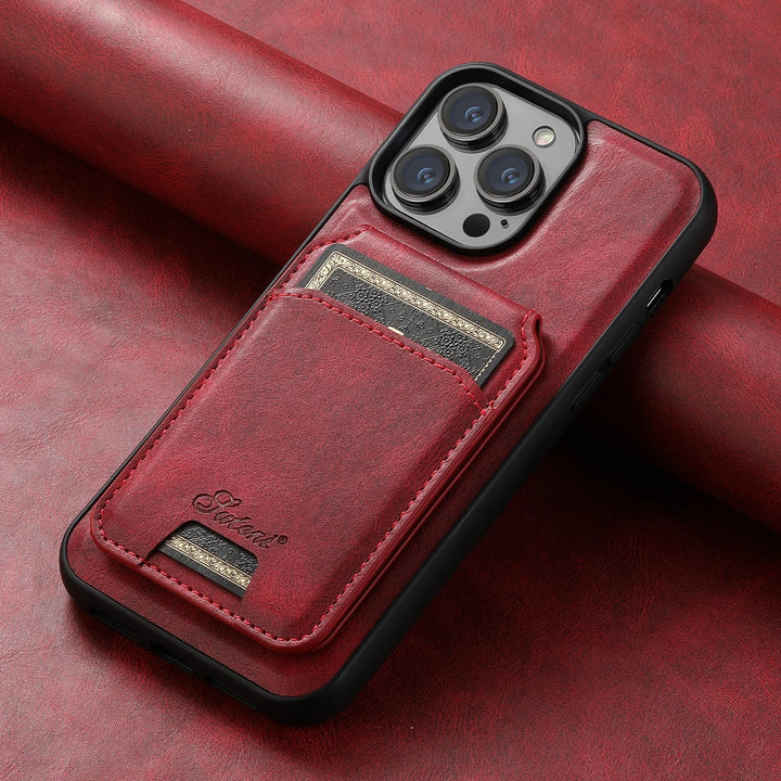 Durable vegan leather MagSafe wallet case for iPhone, protecting phone & carrying cards smartly.