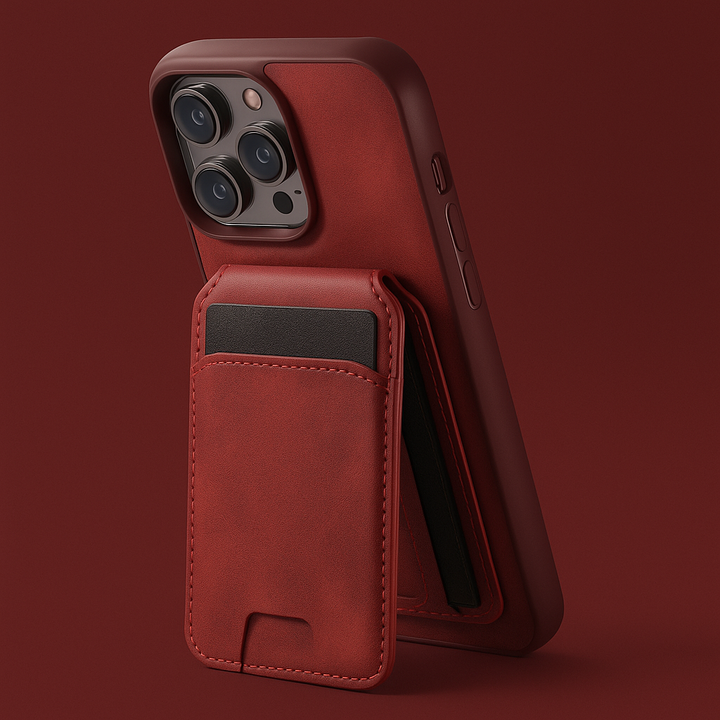 Slim vegan leather phone case with integrated wallet and MagSafe compatibility, black color.