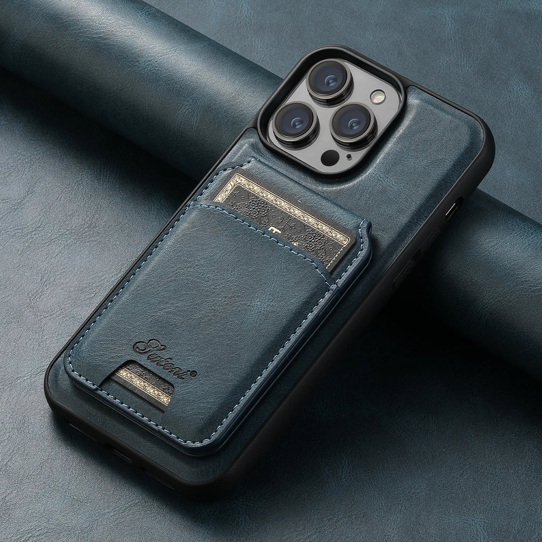 Modern vegan leather wallet phone case, MagSafe enabled, with secure card holder for everyday use.