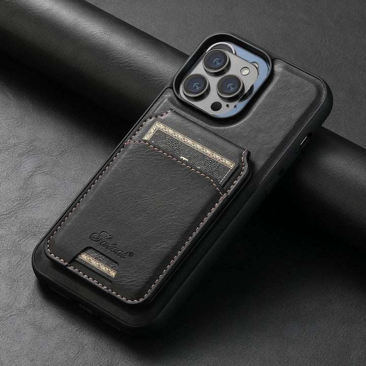 Stylish unisex vegan leather phone case with MagSafe, card slots, and integrated foldable stand.