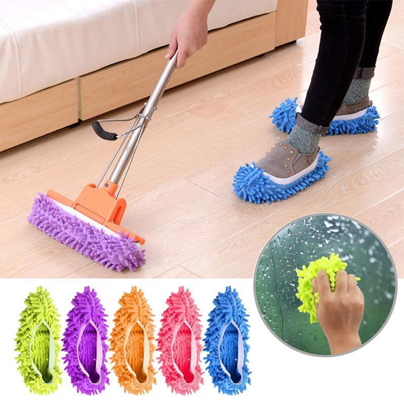Unisex blue chenille mop slippers for hands-free floor cleaning on hardwood floors