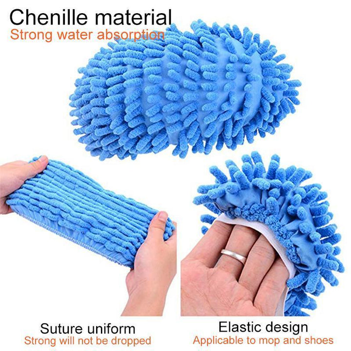 Person wearing green unisex mop slippers, effectively dusting a kitchen floor