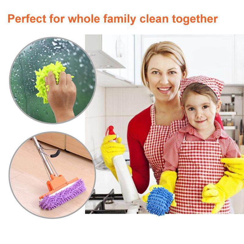 Variety of colorful mop slippers (blue, yellow, green, pink), ideal for home cleaning