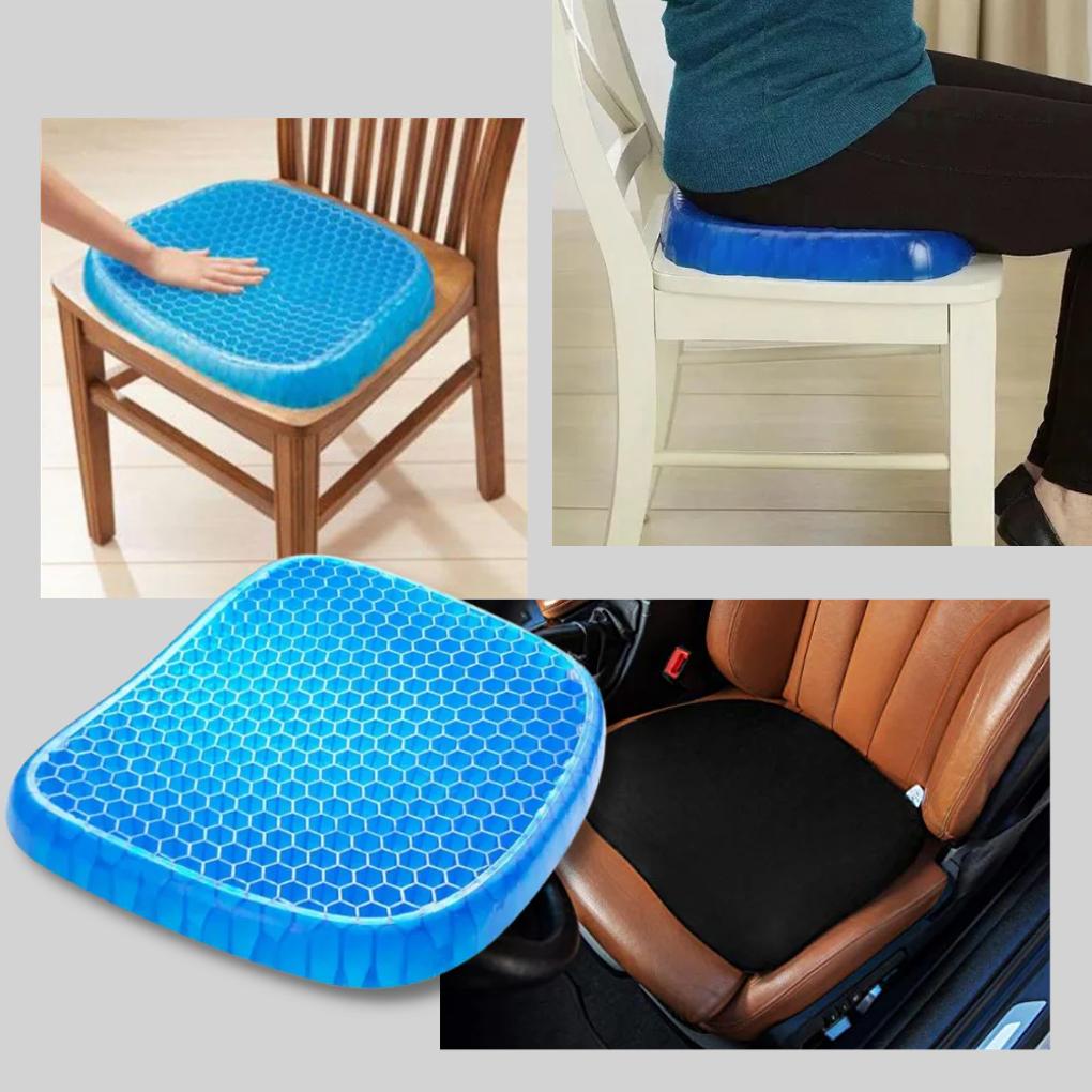 Ergonomic gel seat cushion provides cooling comfort & pressure relief for home office & car.