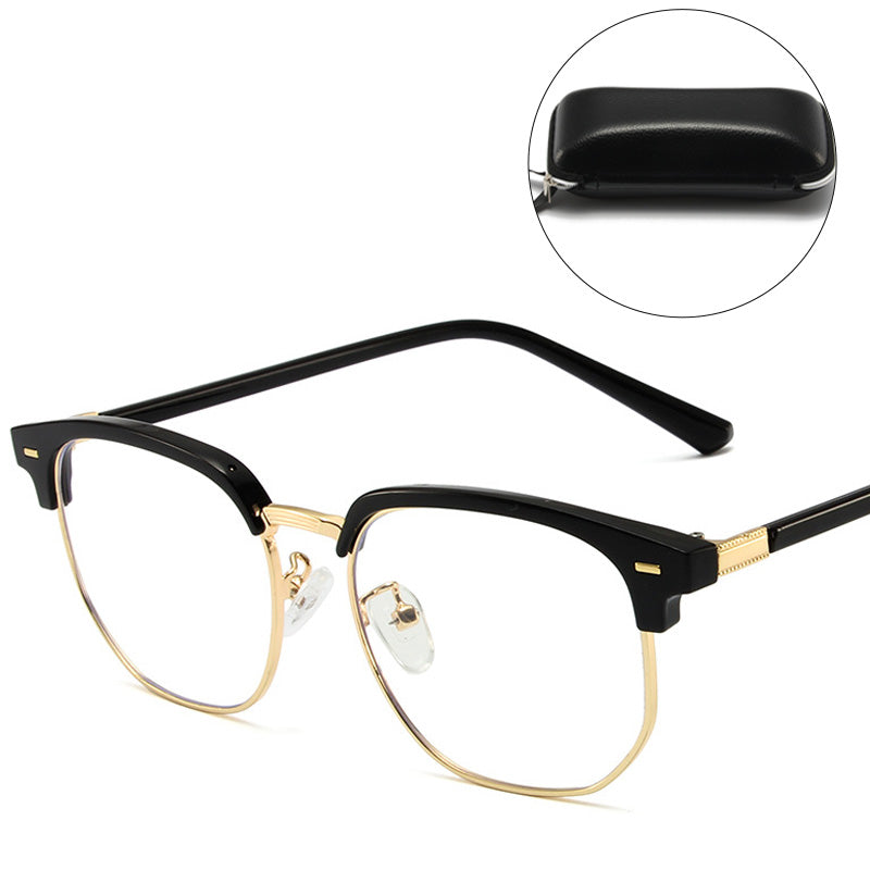 Unisex blue light blocking half-rim glasses for digital eye strain and computer use.