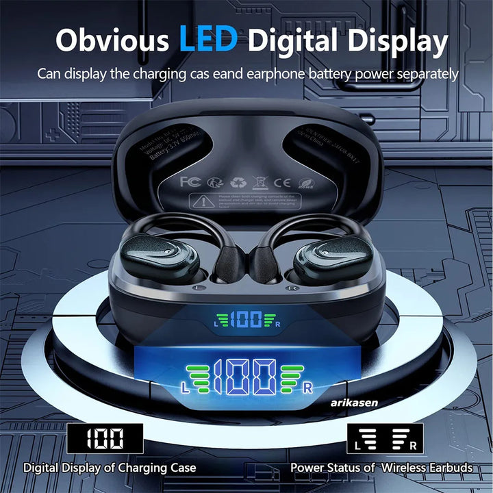 LED charging case for Bluetooth 5.3 sport earbuds, displaying battery life. Portable audio with 75H playback.