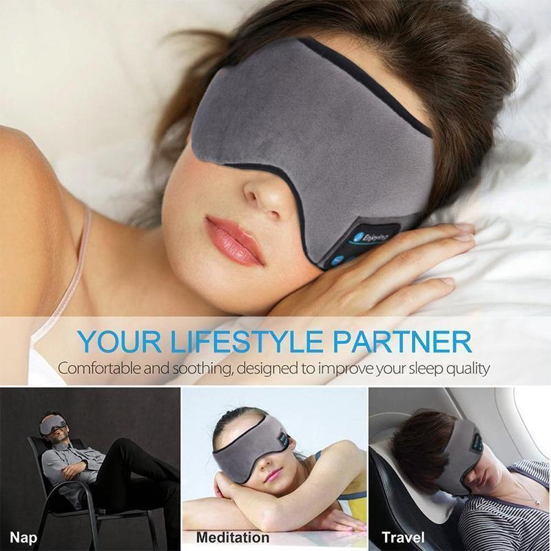 Unisex Bluetooth Sleep Mask with integrated headphones, soft black fabric for comfortable sleep & audio.