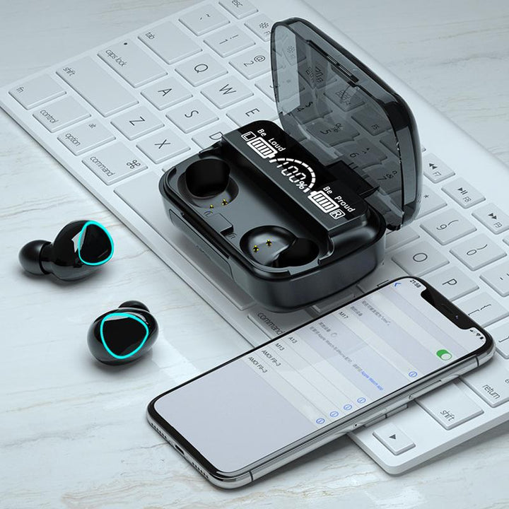 Pair of Bluetooth earbuds in charging case, highlighting portability and convenient wireless tech