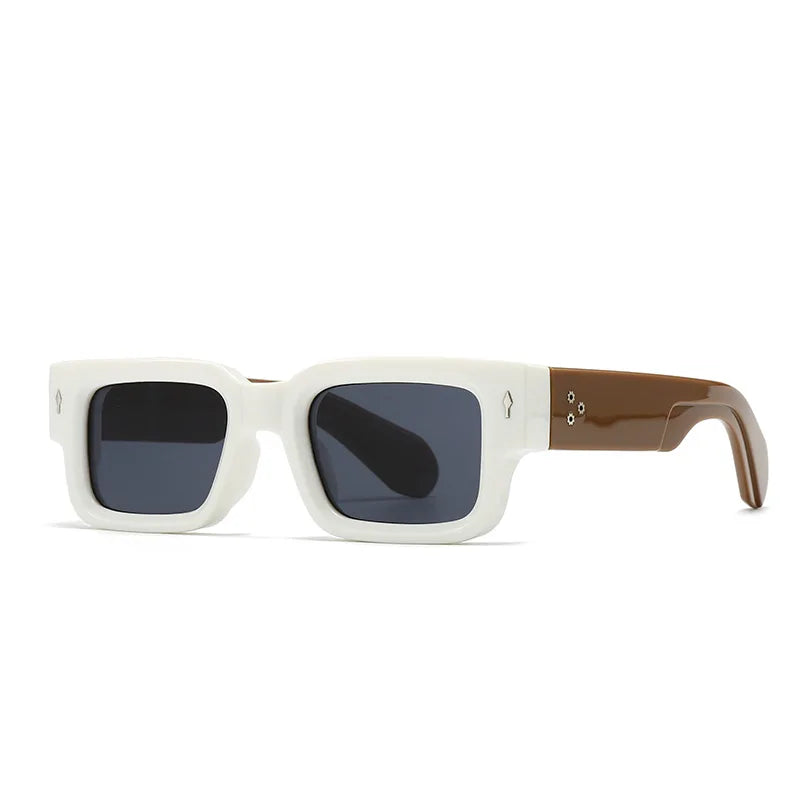 Close-up of the temple detail on unisex bold rectangular sunglasses with UV protection