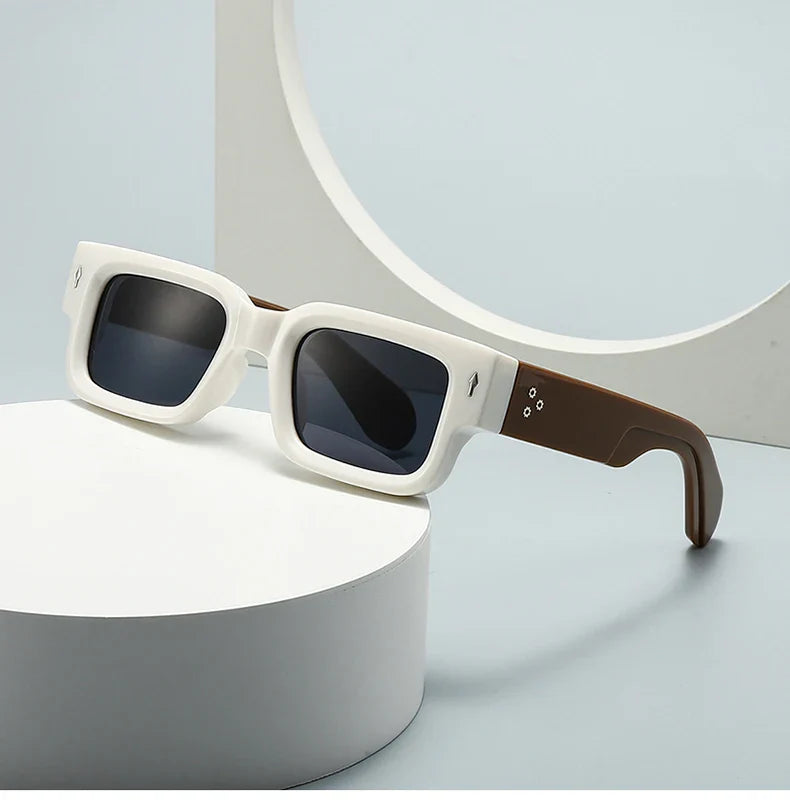 Frontal view of unisex rectangular sunglasses, a retro-inspired fashion eyewear with UV protection