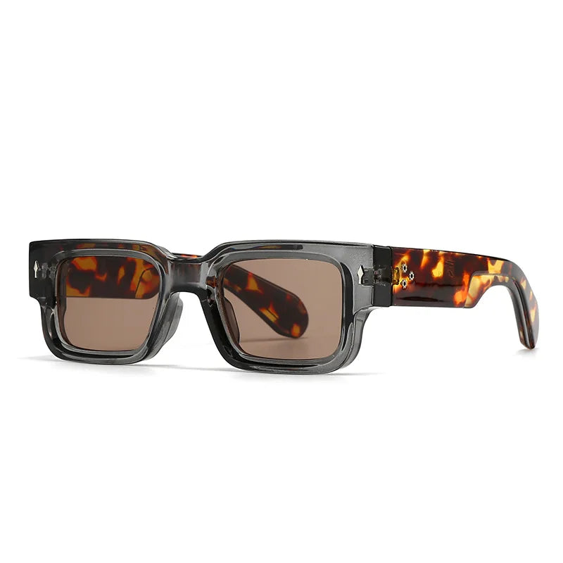 Stylish unisex rectangular sunglasses with UV protection in a trendy leopard print, side view