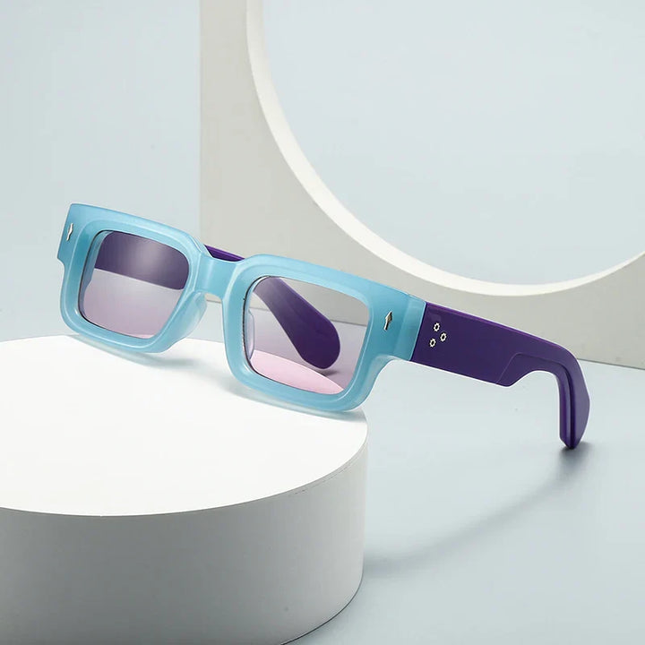 Close-up of bold rectangular unisex sunglasses showcasing high-quality acetate frame material