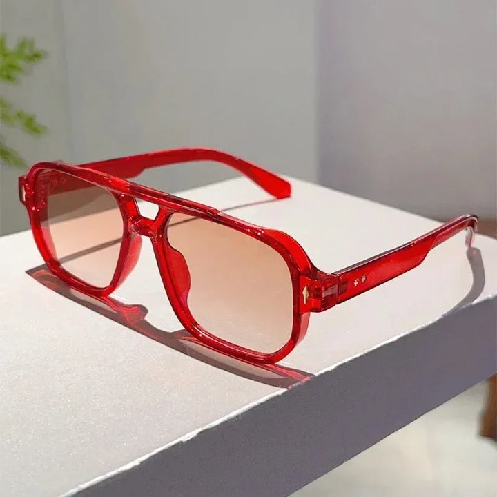 Front angle of sleek unisex rectangular sunglasses, scratch resistant and lightweight