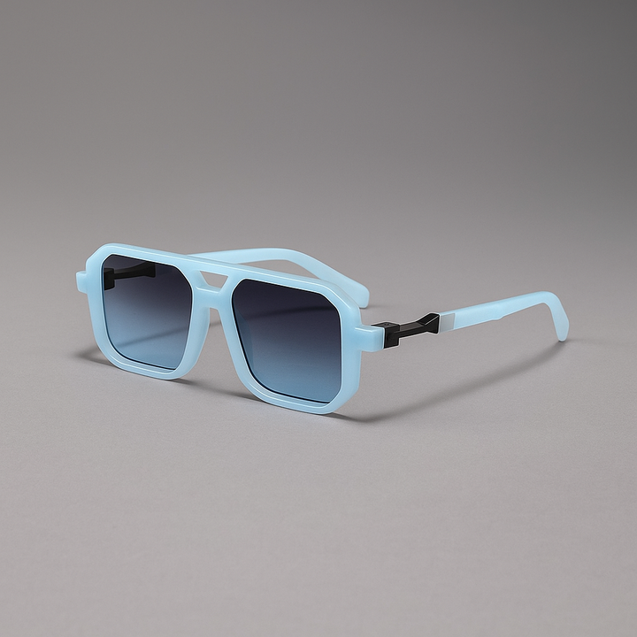 Stylish unisex square sunglasses, black frame, gradient lenses, for UV protection, side view
