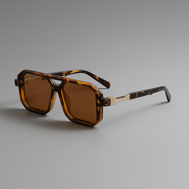 Close-up of unisex bold square sunglasses, black frame, gradient lenses, essential fashion eyewear