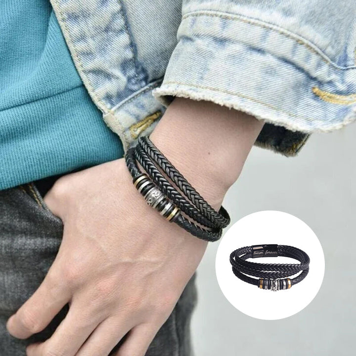 Unisex braided leather double row bracelet with stainless steel clasp, perfect men's jewelry gift for husband.