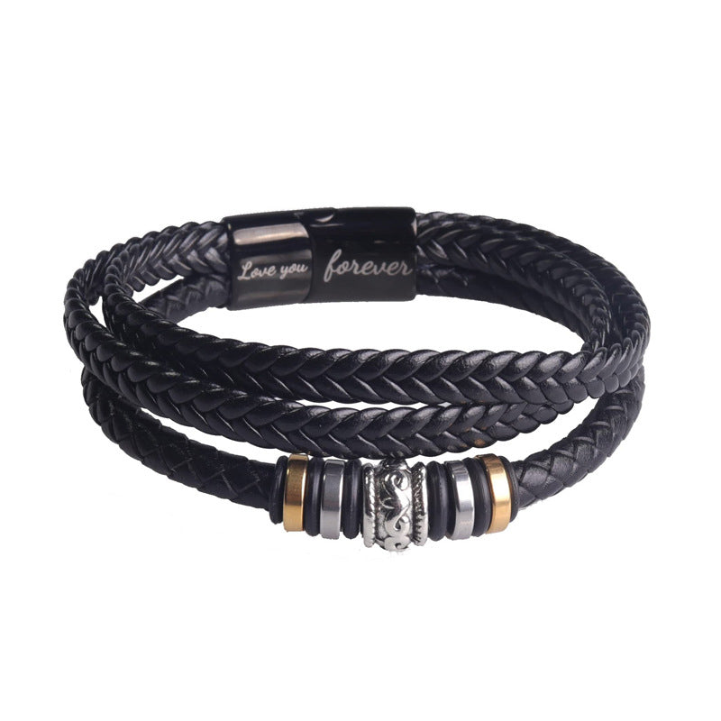 Detailed view of the craftsmanship on a braided leather double row bracelet, a great gift for grandson.