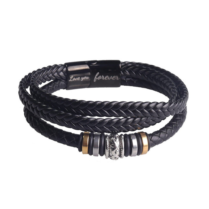 Detailed view of the craftsmanship on a braided leather double row bracelet, a great gift for grandson.