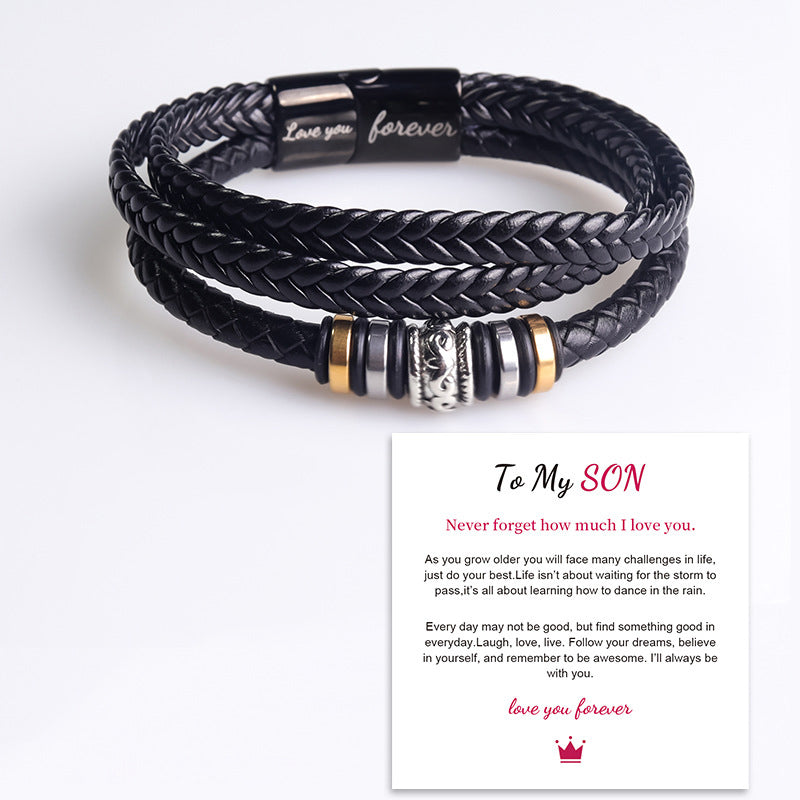 Gift for him: elegant braided leather double row bracelet, combining rugged leather with polished stainless steel.