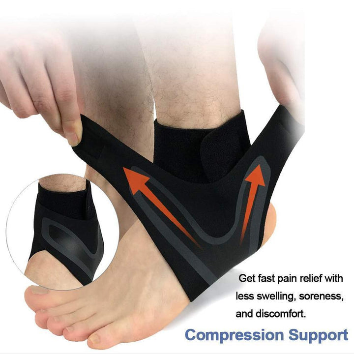 Unisex ankle brace wrapped around an ankle, demonstrating its comfortable, breathable fit.