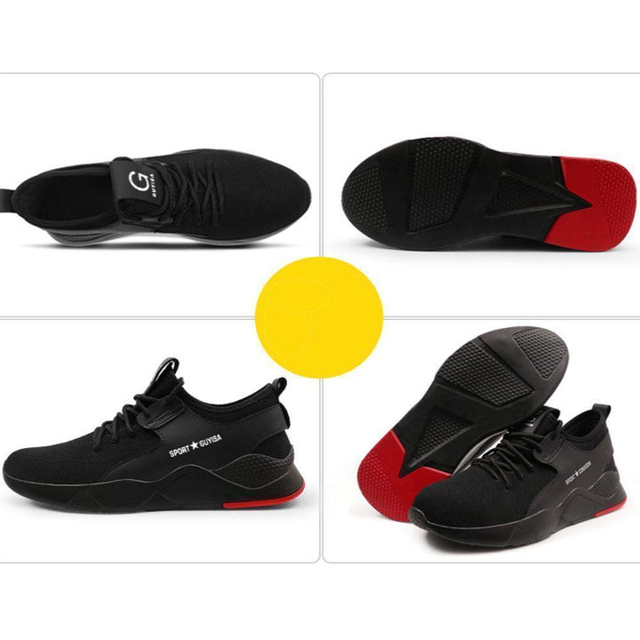 Pair of black and grey unisex safety work shoes, emphasizing breathable design & protective features