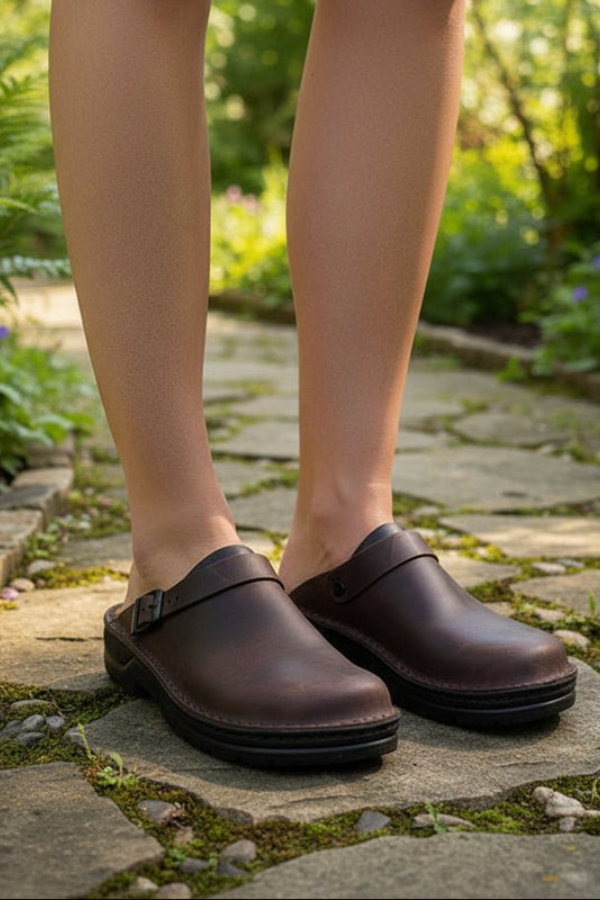 Unisex brown slip-on clogs for all-day comfort and ergonomic support. Ideal casual or work footwear.